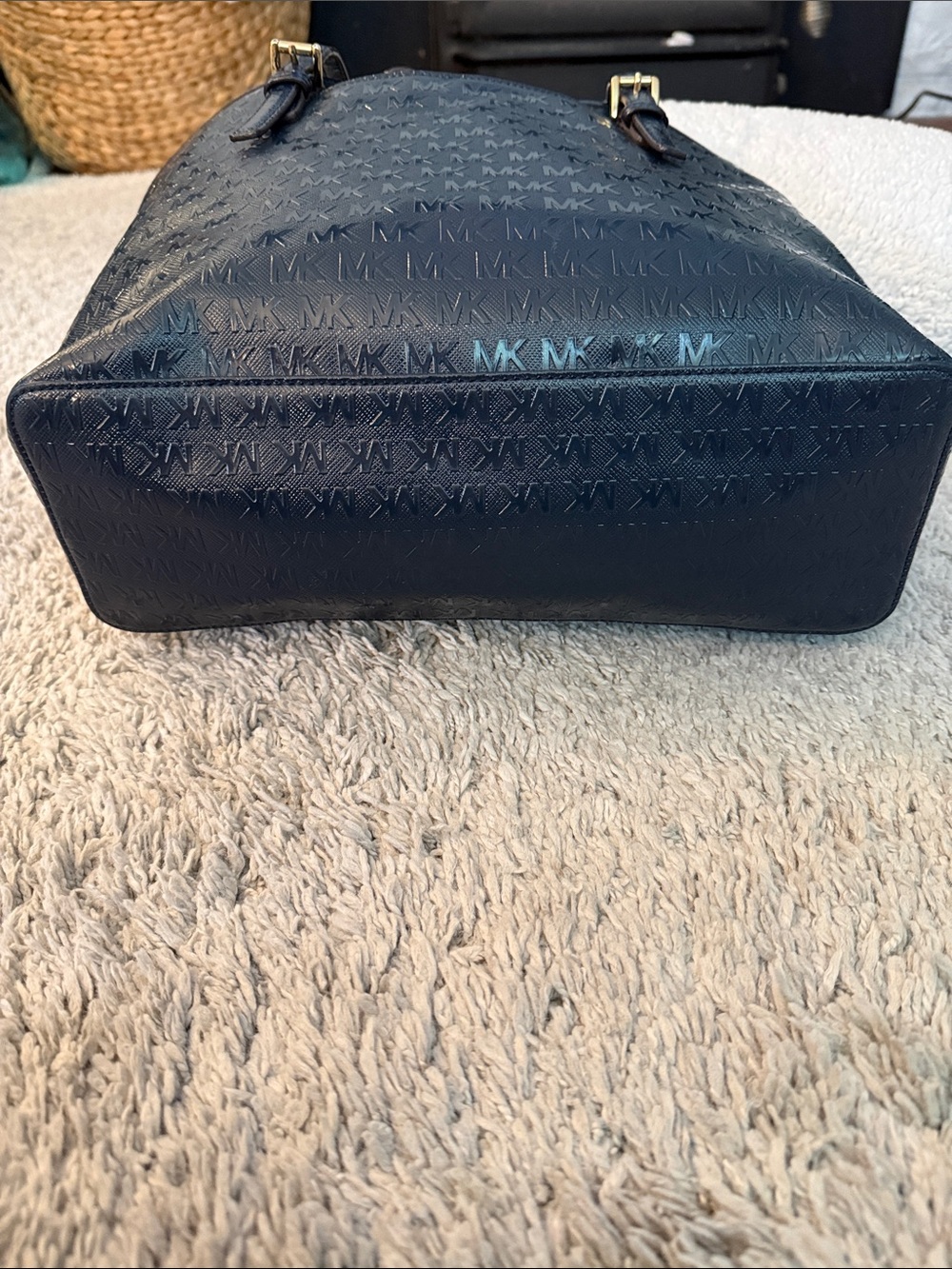 Michael Kors Navy Embossed MK jet set Tote luxury business casual cozy feminine - Picture 5 of 12